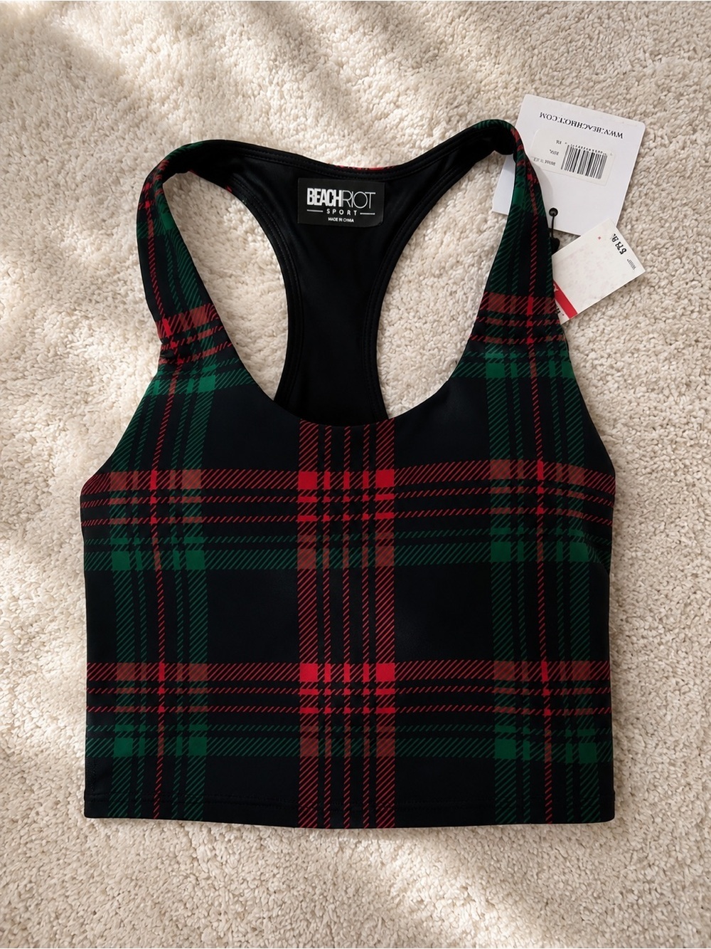 Beach Riot Black, Red & Green Plaid Racerback Sports Bra